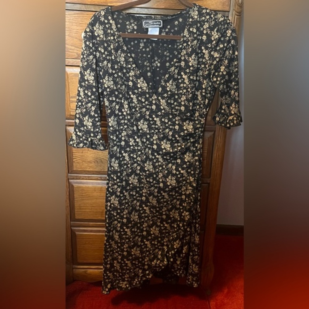 Studio Connection Faux Wrap Dress 3/4 Sleeves Ruffle Accents